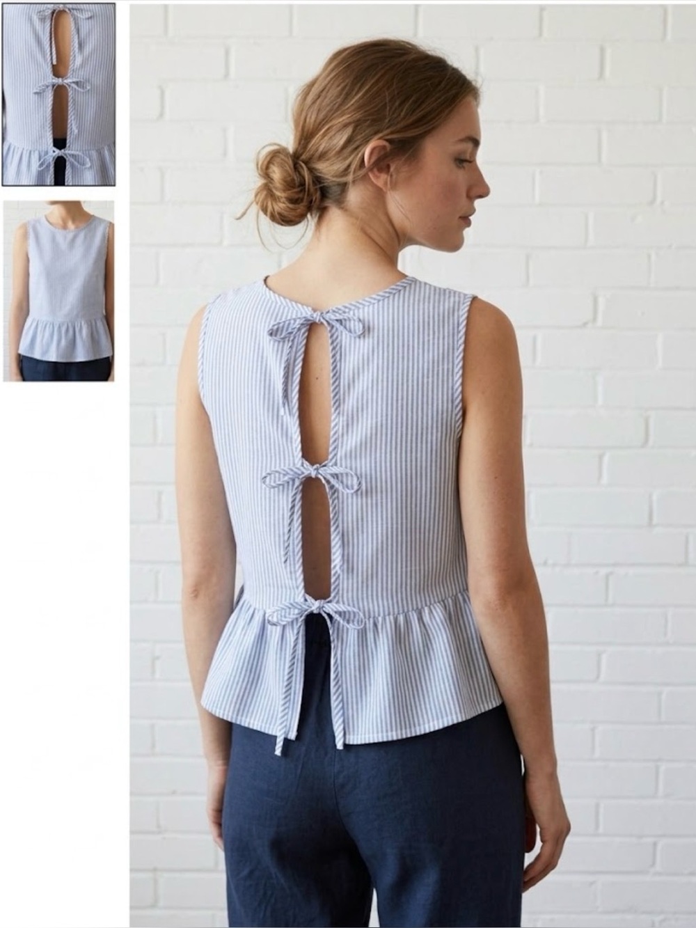 Sleeveless Blue and White Striped Tie-Front Peplum Top